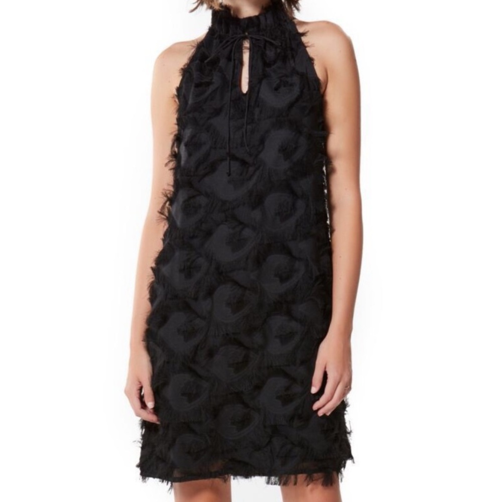 ABBEY GLASS Black Dress Sz S Joanne Eyelash Feather Fringe V Neck Wedding Guest